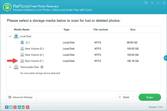 Select the Storage Device Where the Lost Photos Located