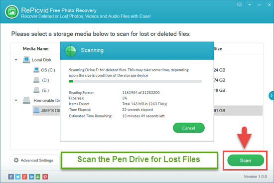 Scan the Pen Drive for Deleted/Lost Files and Preview