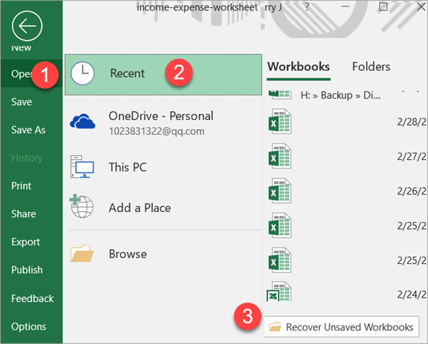 find unsaved excel workbook