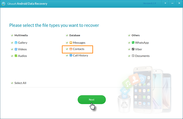Recovery contacts with Gihosoft android data recovery software.