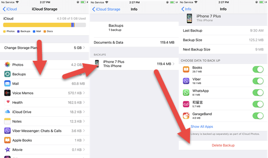 Delete backups and turn off iCloud Backup on the iPhone