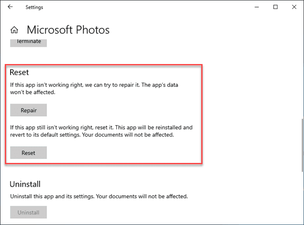 Reset Photos App in Windows 10