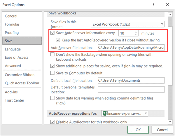 How to Configure the AutoRecover Settings in Excel.